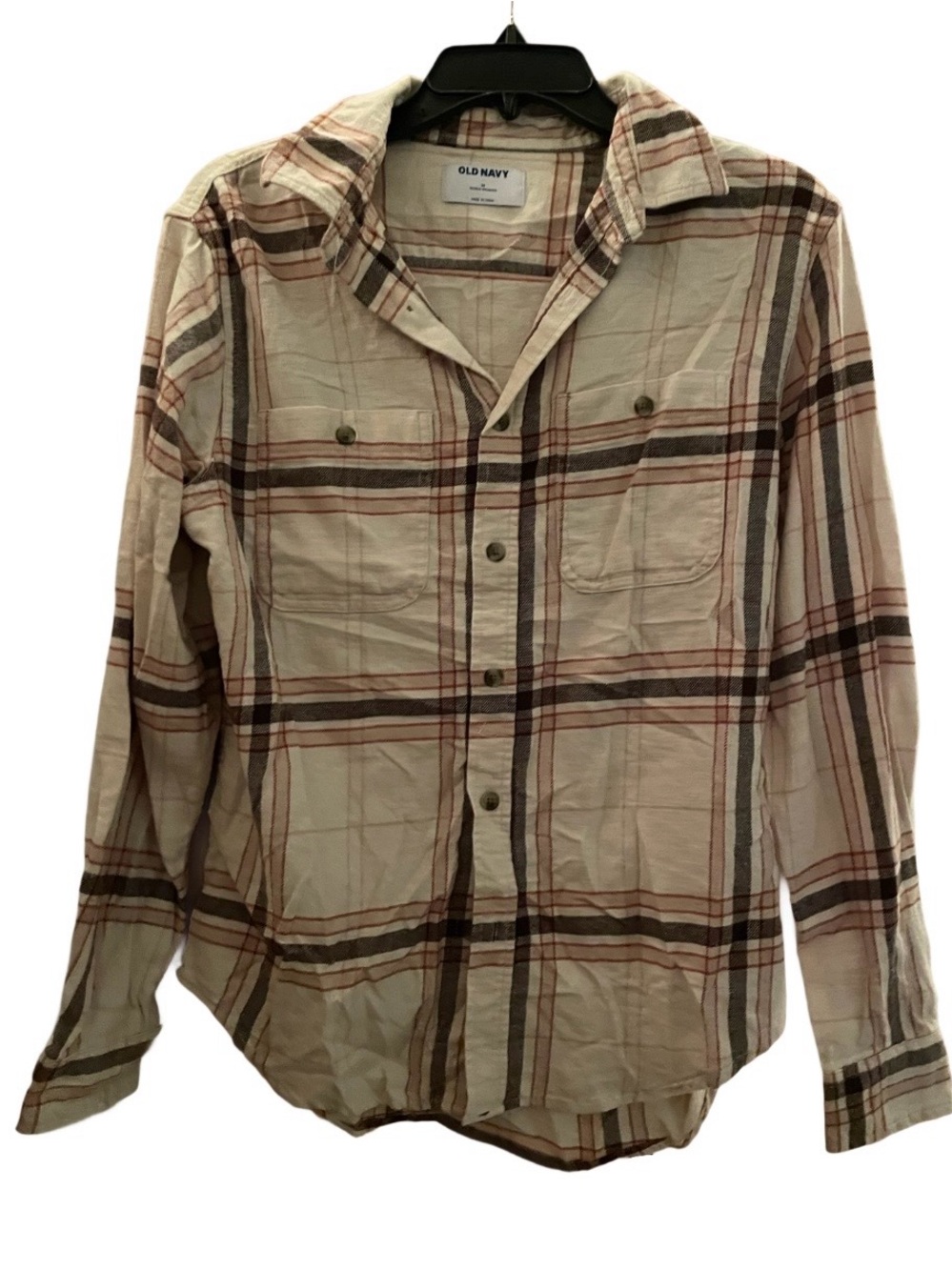 Old Navy Cream and Brown Plaid Button-Down Shirt